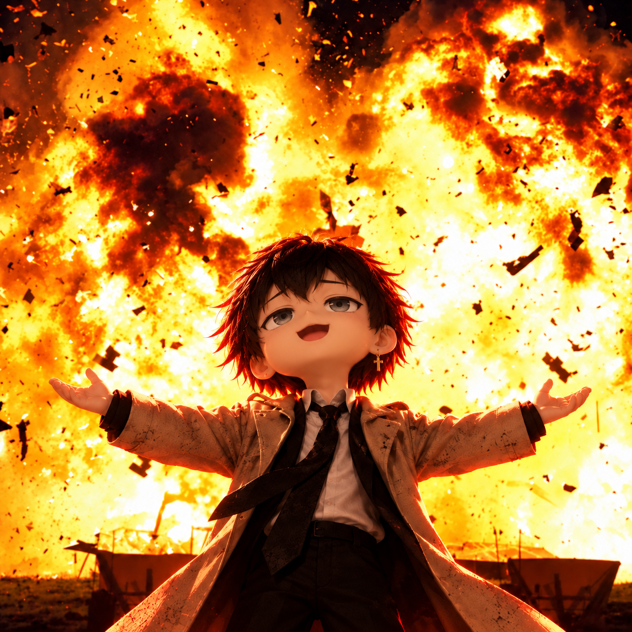 A playful hero in front of an explosion